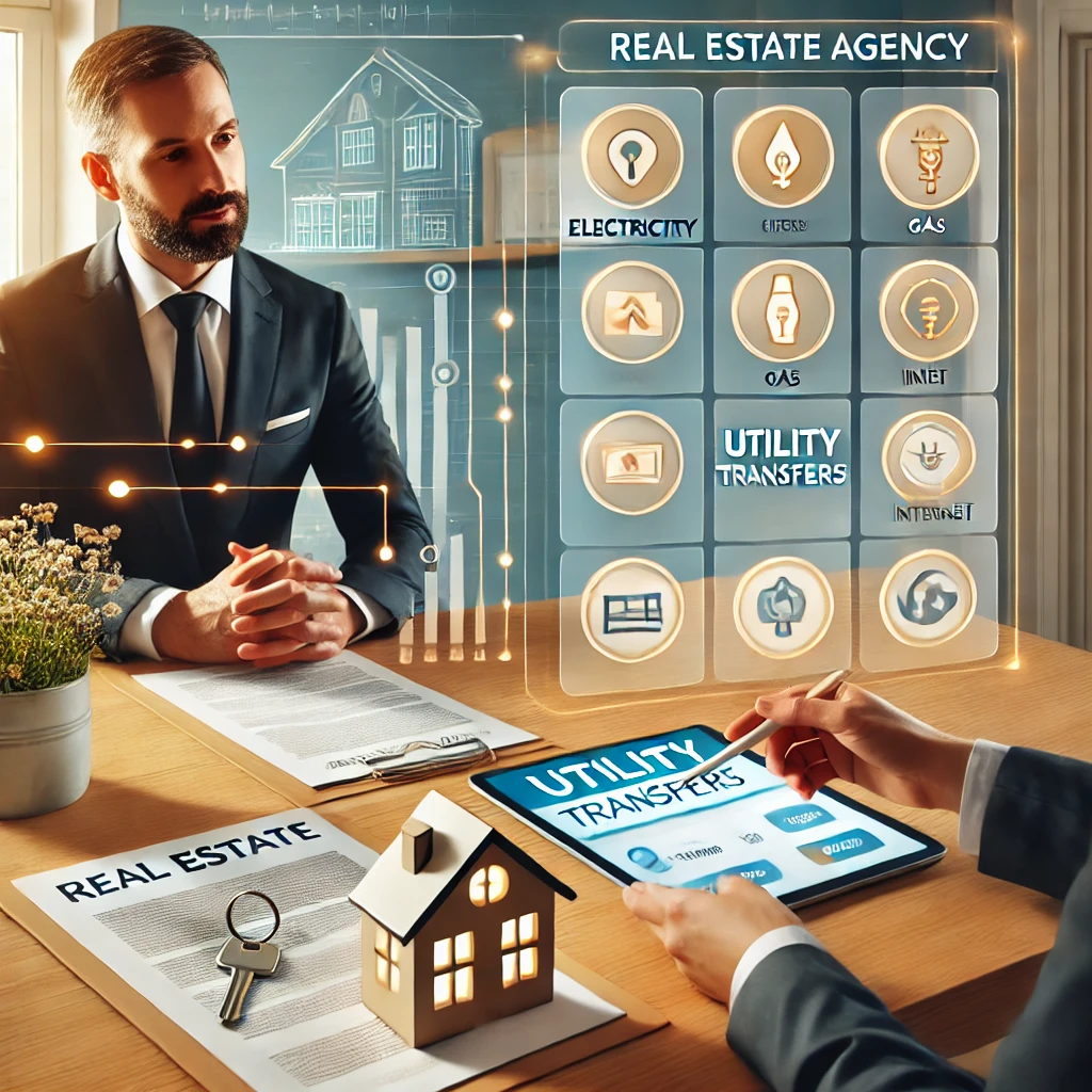DALL·E 2025-02-28 21.33.12 – An image illustrating a real estate agency assisting a client with utility transfers. The scene features a professional real estate agent in an office